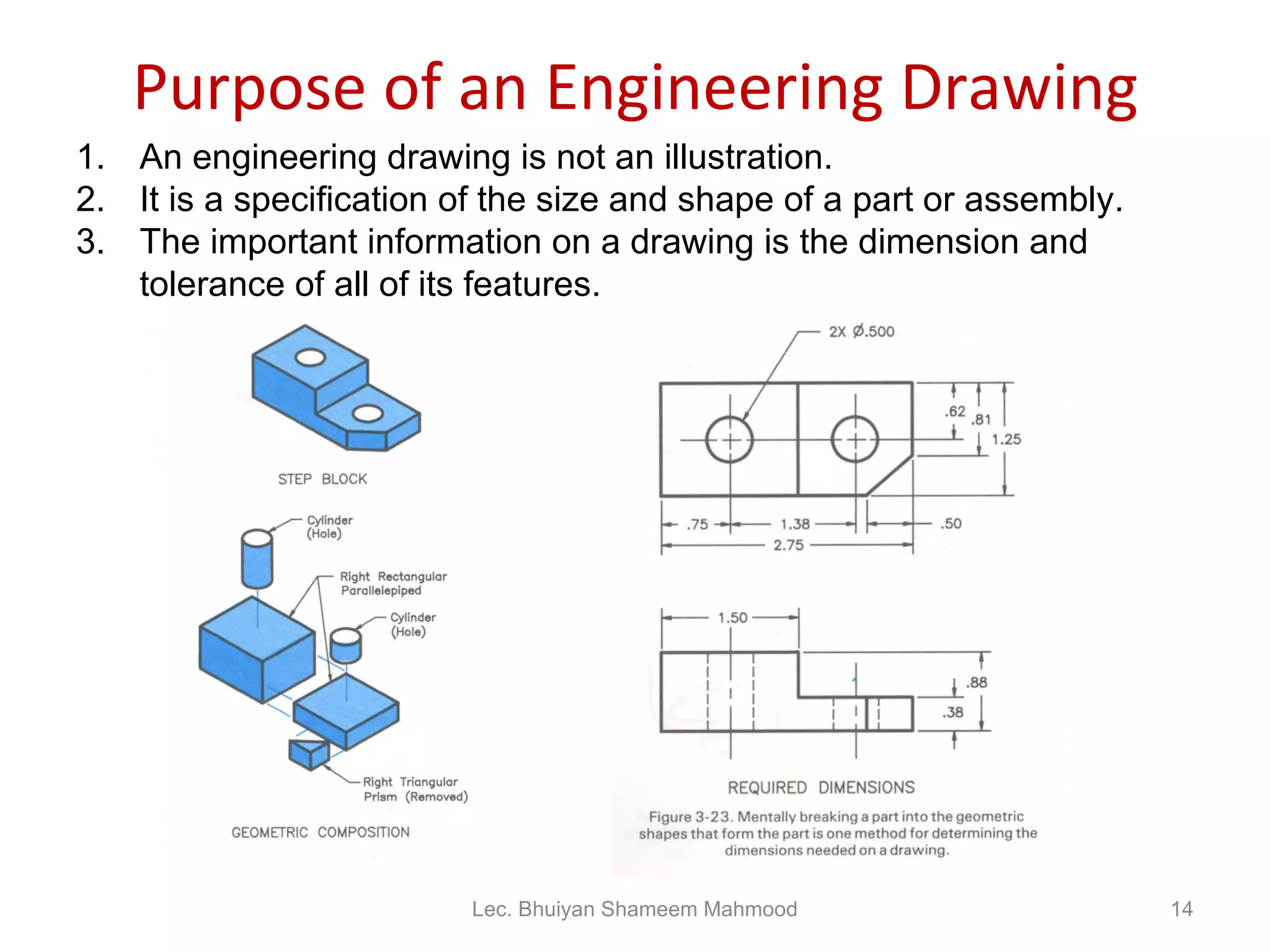 Purpose of an Engineering Drawing An engineering drawing is not an illustration. It is a specification of the size and shape of a part or assembly. The important information on a drawing is the dimension and tolerance of all of its features. Lec. Bhuiyan Shameem Mahmood 