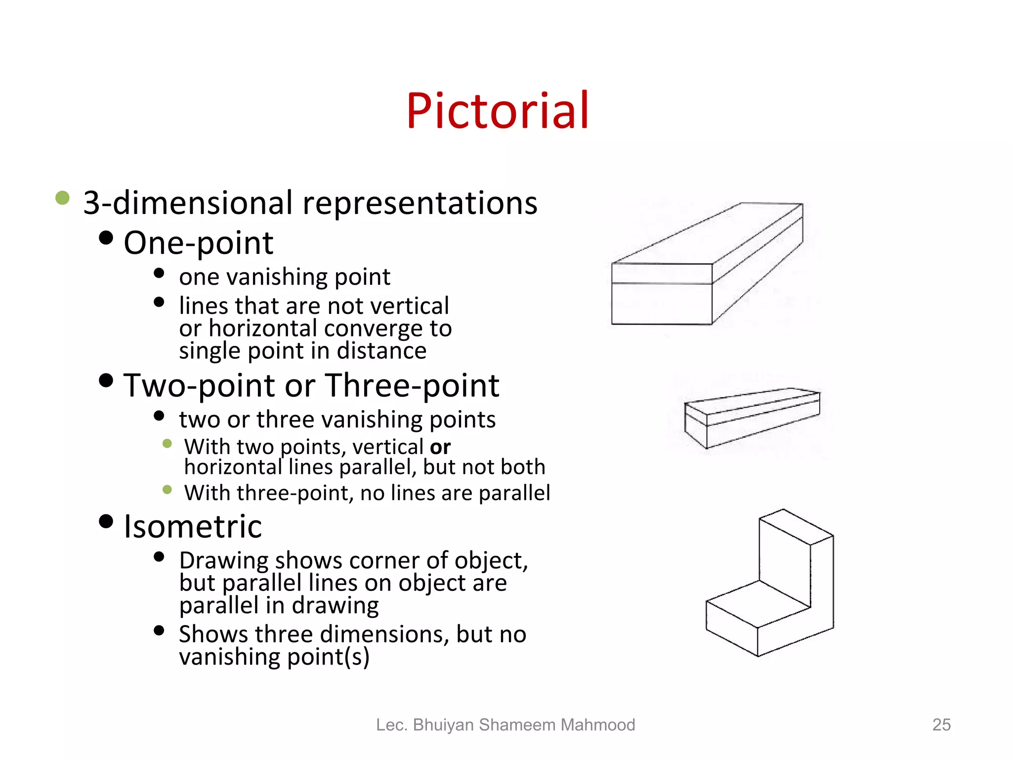 Pictorial 3-dimensional representations One-point  one vanishing point  lines that are not vertical  or horizontal converge to  single point in distance Two-point or Three-point  two or three vanishing points With two points, vertical  or   horizontal lines parallel, but not both With three-point, no lines are parallel Isometric Drawing shows corner of object,  but parallel lines on object are  parallel in drawing Shows three dimensions, but no  vanishing point(s) Lec. Bhuiyan Shameem Mahmood 