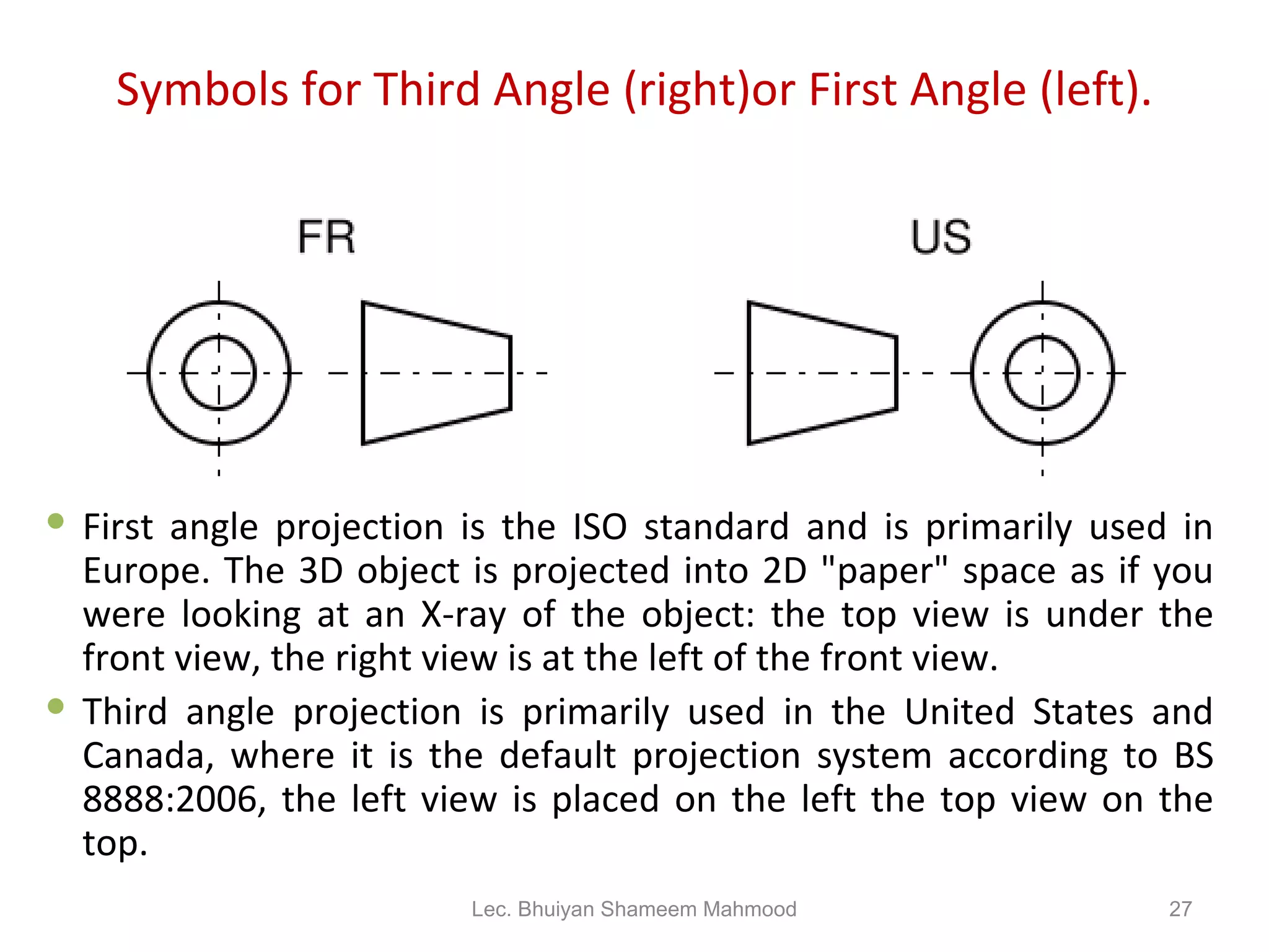Symbols for Third Angle (right)or First Angle (left). First angle projection is the ISO standard and is primarily used in Europe. The 3D object is projected into 2D &quot;paper&quot; space as if you were looking at an X-ray of the object: the top view is under the front view, the right view is at the left of the front view.  Third angle projection is primarily used in the United States and Canada, where it is the default projection system according to BS 8888:2006, the left view is placed on the left the top view on the top.  Lec. Bhuiyan Shameem Mahmood 