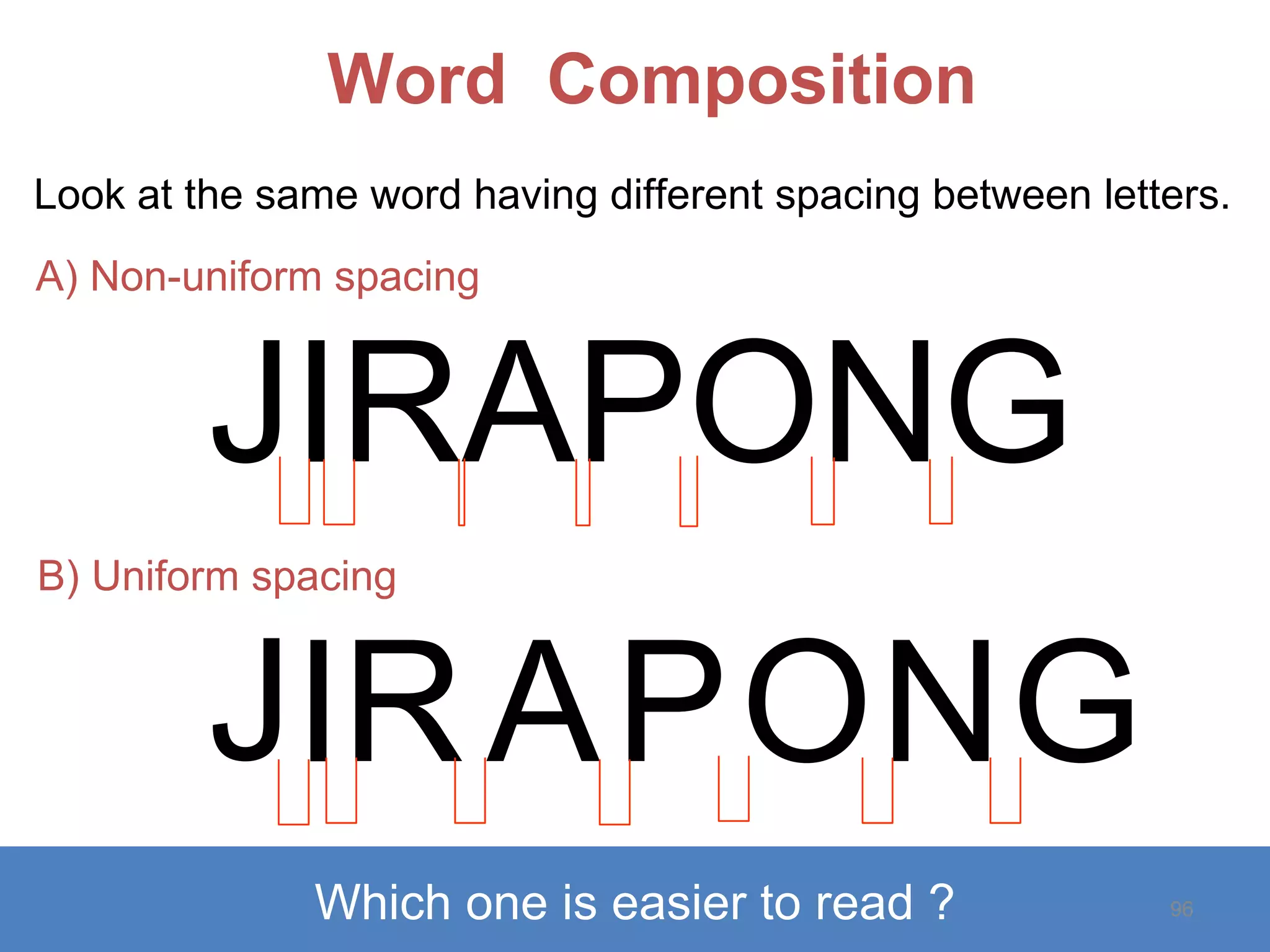 Word  Composition Look at the same word having different spacing between letters. JIRAPONG Which one is easier to read ? A) Non-uniform spacing B) Uniform spacing J I G O R N P A 