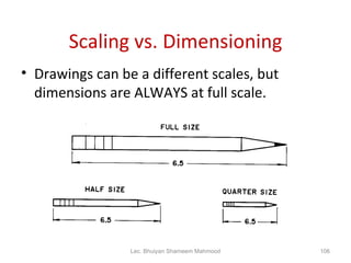Scaling vs. Dimensioning Drawings can be a different scales, but dimensions are ALWAYS at full scale. Lec. Bhuiyan Shameem Mahmood 