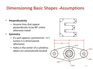 Dimensioning Basic Shapes -Assumptions Perpendicularity Assume lines that appear perpendicular to be 90° unless otherwise noted Symmetry If a part appears symmetrical – it is (unless it is dimensioned otherwise) Holes in the center of a cylindrical object are automatically located 