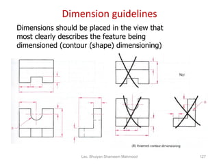 Dimension guidelines Dimensions should be placed in the view that most clearly describes the feature being dimensioned (contour (shape) dimensioning) Lec. Bhuiyan Shameem Mahmood 