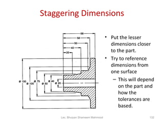 Staggering Dimensions Put the lesser dimensions closer to the part. Try to reference dimensions from one surface This will depend on the part and how the tolerances are based. Lec. Bhuiyan Shameem Mahmood 
