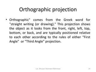 Orthographic projection Orthographic" comes from the Greek word for "straight writing (or drawing)." This projection shows the object as it looks from the front, right, left, top, bottom, or back, and are typically positioned relative to each other according to the rules of either “First Angle”  or “Third Angle” projection. Lec. Bhuiyan Shameem Mahmood 