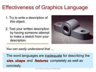 1. Try to write a description of this object. 2. Test your written description by having someone attempt   to make a sketch from your description. Effectiveness of Graphics Language The word languages are  inadequate  for describing the  size ,  shape   and  features   completely as well as concisely. You can easily understand that … Lec. Bhuiyan Shameem Mahmood 