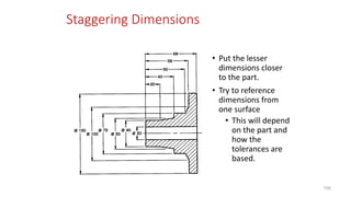 Staggering Dimensions
• Put the lesser
dimensions closer
to the part.
• Try to reference
dimensions from
one surface
• This will depend
on the part and
how the
tolerances are
based.
100
 
