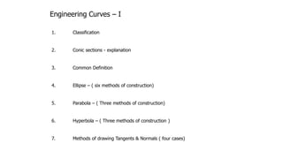 Engineering Curves – I
1. Classification
2. Conic sections - explanation
3. Common Definition
4. Ellipse – ( six methods of construction)
5. Parabola – ( Three methods of construction)
6. Hyperbola – ( Three methods of construction )
7. Methods of drawing Tangents & Normals ( four cases)
 