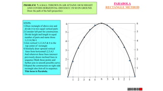 1
2
3
4
5
6
1 2 3 4 5 6
1
2
3
4
5
6
5 4 3 2 1
PARABOLA
RECTANGLE METHOD
PROBLEM 7: A BALL THROWN IN AIR ATTAINS 100 M HIEGHT
AND COVERS HORIZONTAL DISTANCE 150 M ON GROUND.
Draw the path of the ball (projectile)-
STEPS:
1.Draw rectangle of above size and
divide it in two equal vertical parts
2.Consider left part for construction.
Divide height and length in equal
number of parts and name those
1,2,3,4,5& 6
3.Join vertical 1,2,3,4,5 & 6 to the
top center of rectangle
4.Similarly draw upward vertical
lines from horizontal1,2,3,4,5
And wherever these lines intersect
previously drawn inclined lines in
sequence Mark those points and
further join in smooth possible curve.
5.Repeat the construction on right side
rectangle also.Join all in sequence.
This locus is Parabola.
.
 