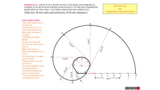 1
2
3
4
5
6
1 2 3 4 5 6
A
P
D/2
P1
1
to
P
P2
P3
3 to P
P4
P
P5
P6
INVOLUTE
OF
COMPOSIT SHAPED POLE
PROBLEM 20 : A POLE IS OF A SHAPE OF HALF HEXABON AND SEMICIRCLE.
ASTRING IS TO BE WOUND HAVING LENGTH EQUAL TO THE POLE PERIMETER
DRAW PATH OF FREE END P OF STRING WHEN WOUND COMPLETELY.
(Take hex 30 mm sides and semicircle of 60 mm diameter.)
SOLUTION STEPS:
Draw pole shape as per
dimensions.
Divide semicircle in 4
parts and name those
along with corners of
hexagon.
Calculate perimeter
length.
Show it as string AP.
On this line mark 30mm
from A
Mark and name it 1
Mark D/2 distance on it
from 1
And dividing it in 4 parts
name 2,3,4,5.
Mark point 6 on line 30
mm from 5
Now draw tangents from
all points of pole
and proper lengths as
done in all previous
involute’s problems and
complete the curve.
 