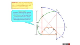 1
2
3
4
D
1
2
3
4
A
B
A1
B1
A2 B2
A3
B3
A4
B4
PROBLEM 21 : Rod AB 85 mm long rolls
over a semicircular pole without slipping
from it’s initially vertical position till it
becomes up-side-down vertical.
Draw locus of both ends A & B.
Solution Steps?
If you have studied previous problems
properly, you can surely solve this also.
Simply remember that this being a rod,
it will roll over the surface of pole.
Means when one end is approaching,
other end will move away from poll.
OBSERVE ILLUSTRATION CAREFULLY!
 
