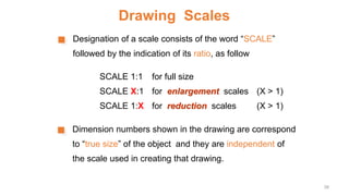 Drawing Scales
Designation of a scale consists of the word “SCALE”
followed by the indication of its ratio, as follow
SCALE 1:1 for full size
SCALE X:1 for enlargement scales (X > 1)
SCALE 1:X for reduction scales (X > 1)
Dimension numbers shown in the drawing are correspond
to “true size” of the object and they are independent of
the scale used in creating that drawing.
39
 