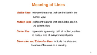 Visible lines represent features that can be seen in the
current view
Meaning of Lines
Hidden lines represent features that can not be seen in
the current view
Center line represents symmetry, path of motion, centers
of circles, axis of axisymmetrical parts
Dimension and Extension lines indicate the sizes and
location of features on a drawing
41
 