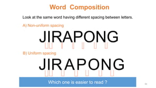 Word Composition
Look at the same word having different spacing between letters.
JIRAPONG
JI G
O
R N
P
A
Which one is easier to read ?
A) Non-uniform spacing
B) Uniform spacing
64
 