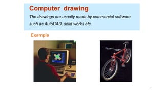 Computer drawing
The drawings are usually made by commercial software
such as AutoCAD, solid works etc.
Example
7
 