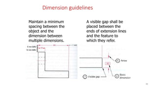 Dimension guidelines
Maintain a minimum
spacing between the
object and the
dimension between
multiple dimensions.
A visible gap shall be
placed between the
ends of extension lines
and the feature to
which they refer.
96
 