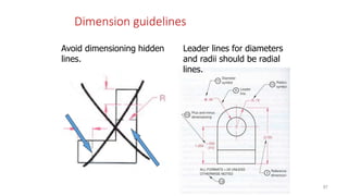 Dimension guidelines
Avoid dimensioning hidden
lines.
Leader lines for diameters
and radii should be radial
lines.
97
 