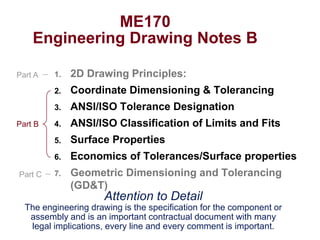 ME170
    Engineering Drawing Notes B

Part A   1.   2D Drawing Principles:
         2.   Coordinate Dimensioning & Tolerancing
         3.   ANSI/ISO Tolerance Designation
Part B   4.   ANSI/ISO Classification of Limits and Fits
         5.   Surface Properties
         6.   Economics of Tolerances/Surface properties
Part C   7.   Geometric Dimensioning and Tolerancing
              (GD&T)
                      Attention to Detail
  The engineering drawing is the specification for the component or
   assembly and is an important contractual document with many
   legal implications, every line and every comment is important.
 