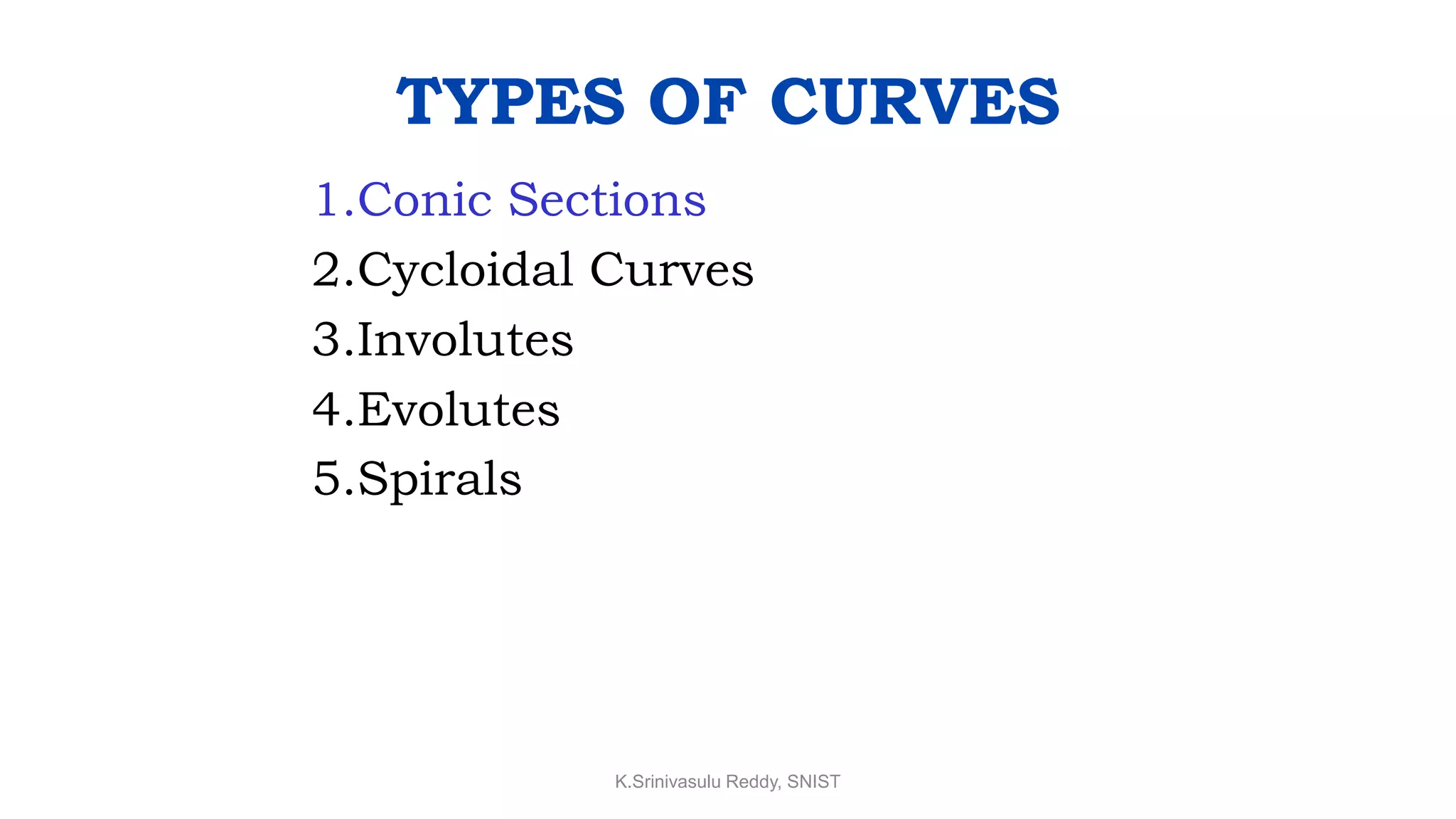 1.Conic Sections
2.Cycloidal Curves
3.Involutes
4.Evolutes
5.Spirals
TYPES OF CURVES
K.Srinivasulu Reddy, SNIST
 