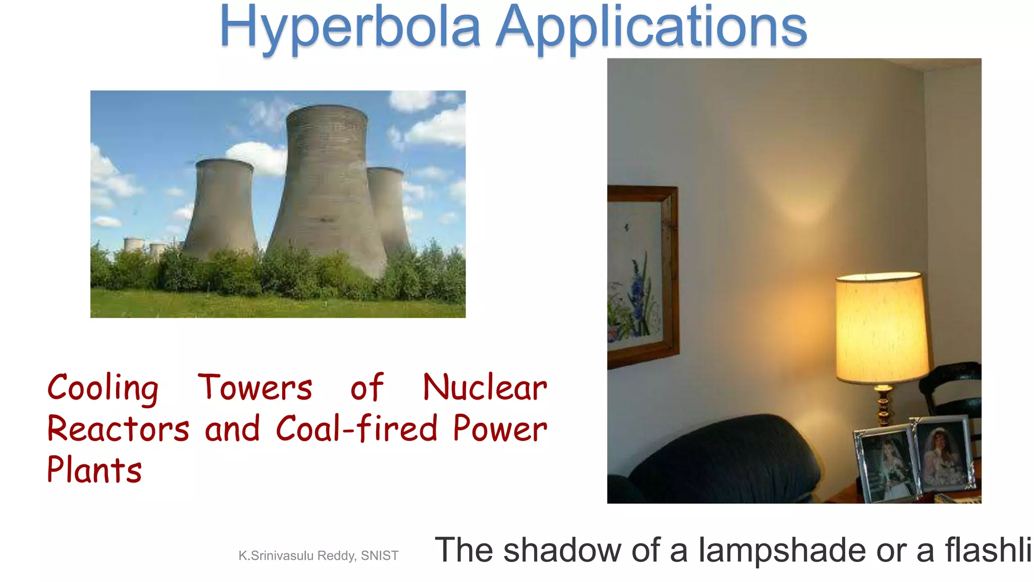 Cooling Towers of Nuclear
Reactors and Coal-fired Power
Plants
The shadow of a lampshade or a flashlig
Hyperbola Applications
K.Srinivasulu Reddy, SNIST
 