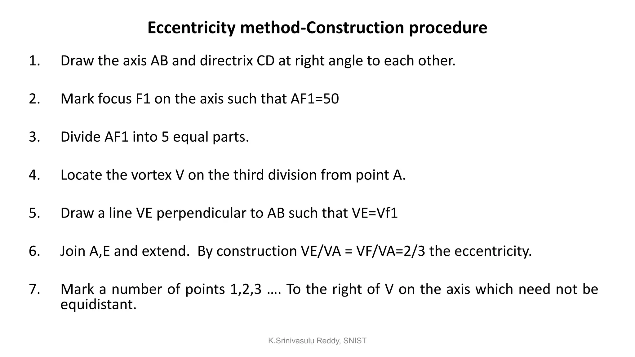 Eccentricity method-Construction procedure
1. Draw the axis AB and directrix CD at right angle to each other.
2. Mark focus F1 on the axis such that AF1=50
3. Divide AF1 into 5 equal parts.
4. Locate the vortex V on the third division from point A.
5. Draw a line VE perpendicular to AB such that VE=Vf1
6. Join A,E and extend. By construction VE/VA = VF/VA=2/3 the eccentricity.
7. Mark a number of points 1,2,3 …. To the right of V on the axis which need not be
equidistant.
K.Srinivasulu Reddy, SNIST
 