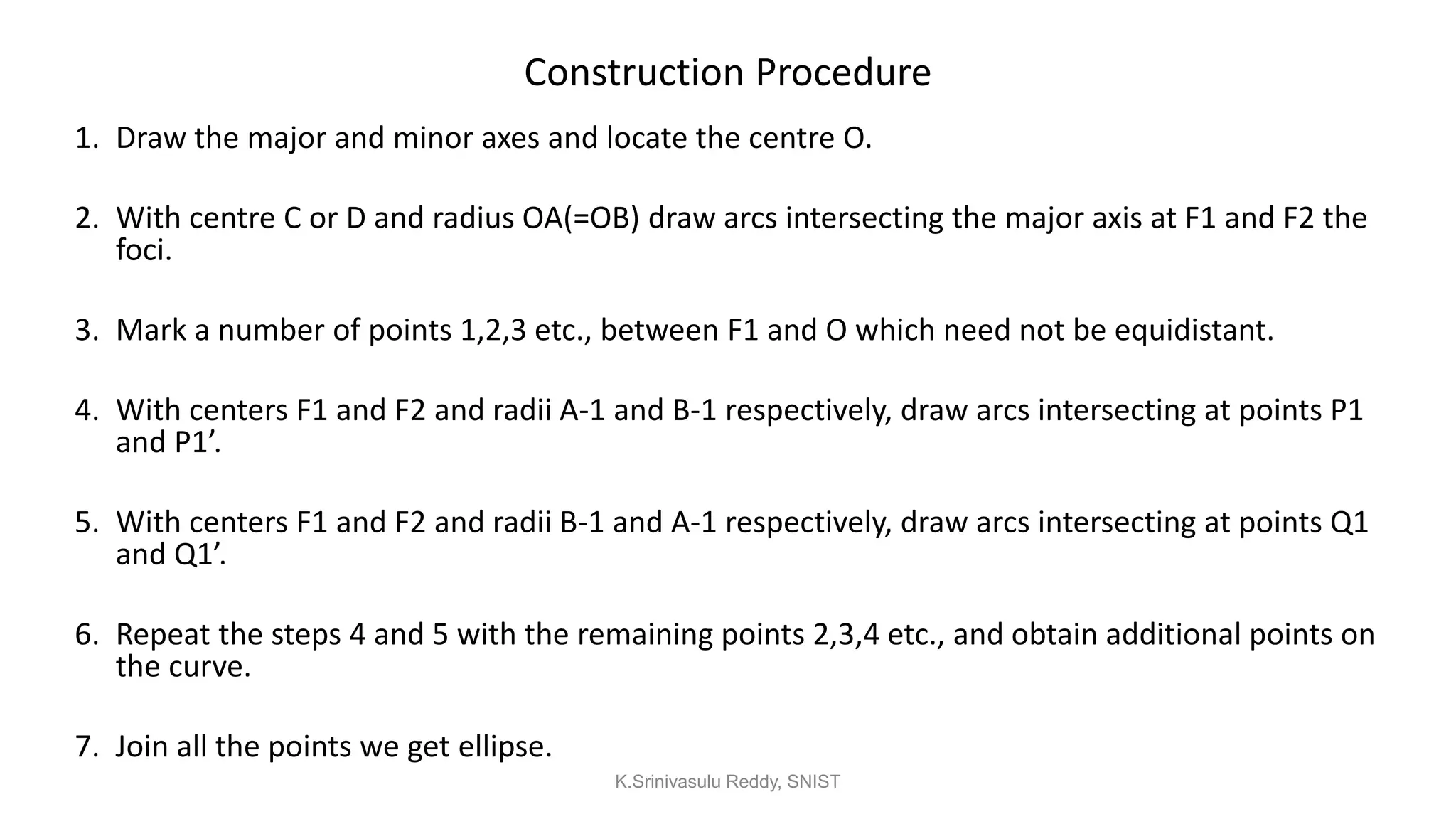 Construction Procedure
1. Draw the major and minor axes and locate the centre O.
2. With centre C or D and radius OA(=OB) draw arcs intersecting the major axis at F1 and F2 the
foci.
3. Mark a number of points 1,2,3 etc., between F1 and O which need not be equidistant.
4. With centers F1 and F2 and radii A-1 and B-1 respectively, draw arcs intersecting at points P1
and P1’.
5. With centers F1 and F2 and radii B-1 and A-1 respectively, draw arcs intersecting at points Q1
and Q1’.
6. Repeat the steps 4 and 5 with the remaining points 2,3,4 etc., and obtain additional points on
the curve.
7. Join all the points we get ellipse.
K.Srinivasulu Reddy, SNIST
 
