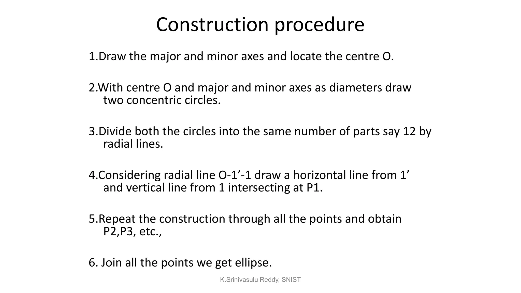 Construction procedure
1.Draw the major and minor axes and locate the centre O.
2.With centre O and major and minor axes as diameters draw
two concentric circles.
3.Divide both the circles into the same number of parts say 12 by
radial lines.
4.Considering radial line O-1’-1 draw a horizontal line from 1’
and vertical line from 1 intersecting at P1.
5.Repeat the construction through all the points and obtain
P2,P3, etc.,
6. Join all the points we get ellipse.
K.Srinivasulu Reddy, SNIST
 