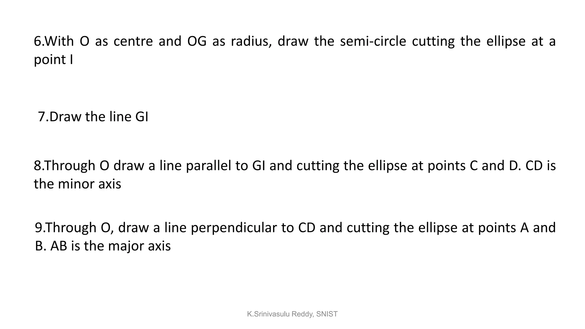 6.With O as centre and OG as radius, draw the semi-circle cutting the ellipse at a
point I
7.Draw the line GI
8.Through O draw a line parallel to GI and cutting the ellipse at points C and D. CD is
the minor axis
9.Through O, draw a line perpendicular to CD and cutting the ellipse at points A and
B. AB is the major axis
K.Srinivasulu Reddy, SNIST
 