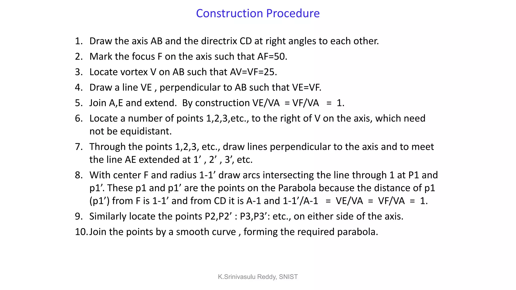 Construction Procedure
1. Draw the axis AB and the directrix CD at right angles to each other.
2. Mark the focus F on the axis such that AF=50.
3. Locate vortex V on AB such that AV=VF=25.
4. Draw a line VE , perpendicular to AB such that VE=VF.
5. Join A,E and extend. By construction VE/VA = VF/VA = 1.
6. Locate a number of points 1,2,3,etc., to the right of V on the axis, which need
not be equidistant.
7. Through the points 1,2,3, etc., draw lines perpendicular to the axis and to meet
the line AE extended at 1’ , 2’ , 3’, etc.
8. With center F and radius 1-1’ draw arcs intersecting the line through 1 at P1 and
p1’. These p1 and p1’ are the points on the Parabola because the distance of p1
(p1’) from F is 1-1’ and from CD it is A-1 and 1-1’/A-1 = VE/VA = VF/VA = 1.
9. Similarly locate the points P2,P2’ : P3,P3’: etc., on either side of the axis.
10.Join the points by a smooth curve , forming the required parabola.
K.Srinivasulu Reddy, SNIST
 