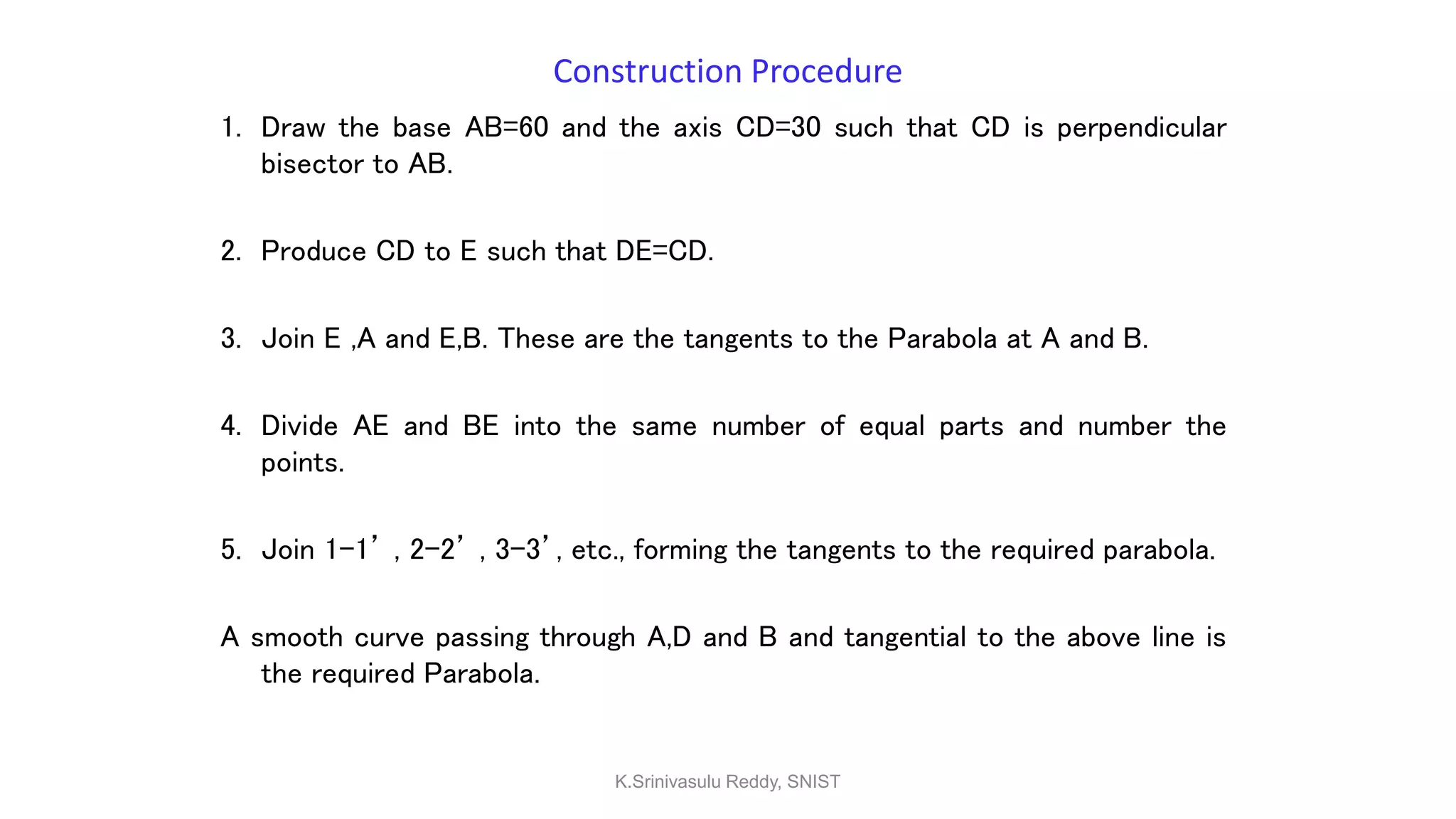 Construction Procedure
1. Draw the base AB=60 and the axis CD=30 such that CD is perpendicular
bisector to AB.
2. Produce CD to E such that DE=CD.
3. Join E ,A and E,B. These are the tangents to the Parabola at A and B.
4. Divide AE and BE into the same number of equal parts and number the
points.
5. Join 1-1’ , 2-2’ , 3-3’, etc., forming the tangents to the required parabola.
A smooth curve passing through A,D and B and tangential to the above line is
the required Parabola.
K.Srinivasulu Reddy, SNIST
 
