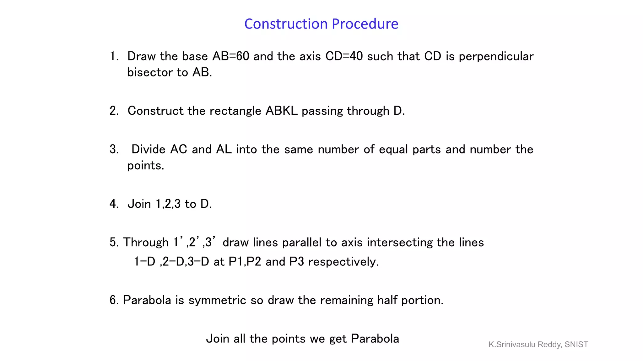 Construction Procedure
1. Draw the base AB=60 and the axis CD=40 such that CD is perpendicular
bisector to AB.
2. Construct the rectangle ABKL passing through D.
3. Divide AC and AL into the same number of equal parts and number the
points.
4. Join 1,2,3 to D.
5. Through 1’,2’,3’ draw lines parallel to axis intersecting the lines
1-D ,2-D,3-D at P1,P2 and P3 respectively.
6. Parabola is symmetric so draw the remaining half portion.
Join all the points we get Parabola K.Srinivasulu Reddy, SNIST
 