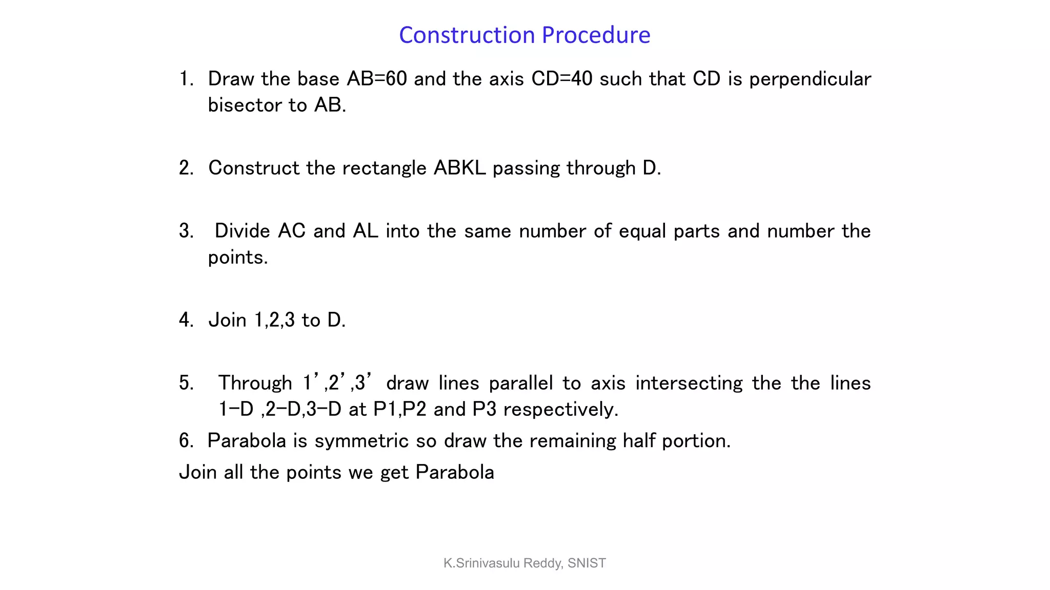 Construction Procedure
1. Draw the base AB=60 and the axis CD=40 such that CD is perpendicular
bisector to AB.
2. Construct the rectangle ABKL passing through D.
3. Divide AC and AL into the same number of equal parts and number the
points.
4. Join 1,2,3 to D.
5. Through 1’,2’,3’ draw lines parallel to axis intersecting the the lines
1-D ,2-D,3-D at P1,P2 and P3 respectively.
6. Parabola is symmetric so draw the remaining half portion.
Join all the points we get Parabola
K.Srinivasulu Reddy, SNIST
 
