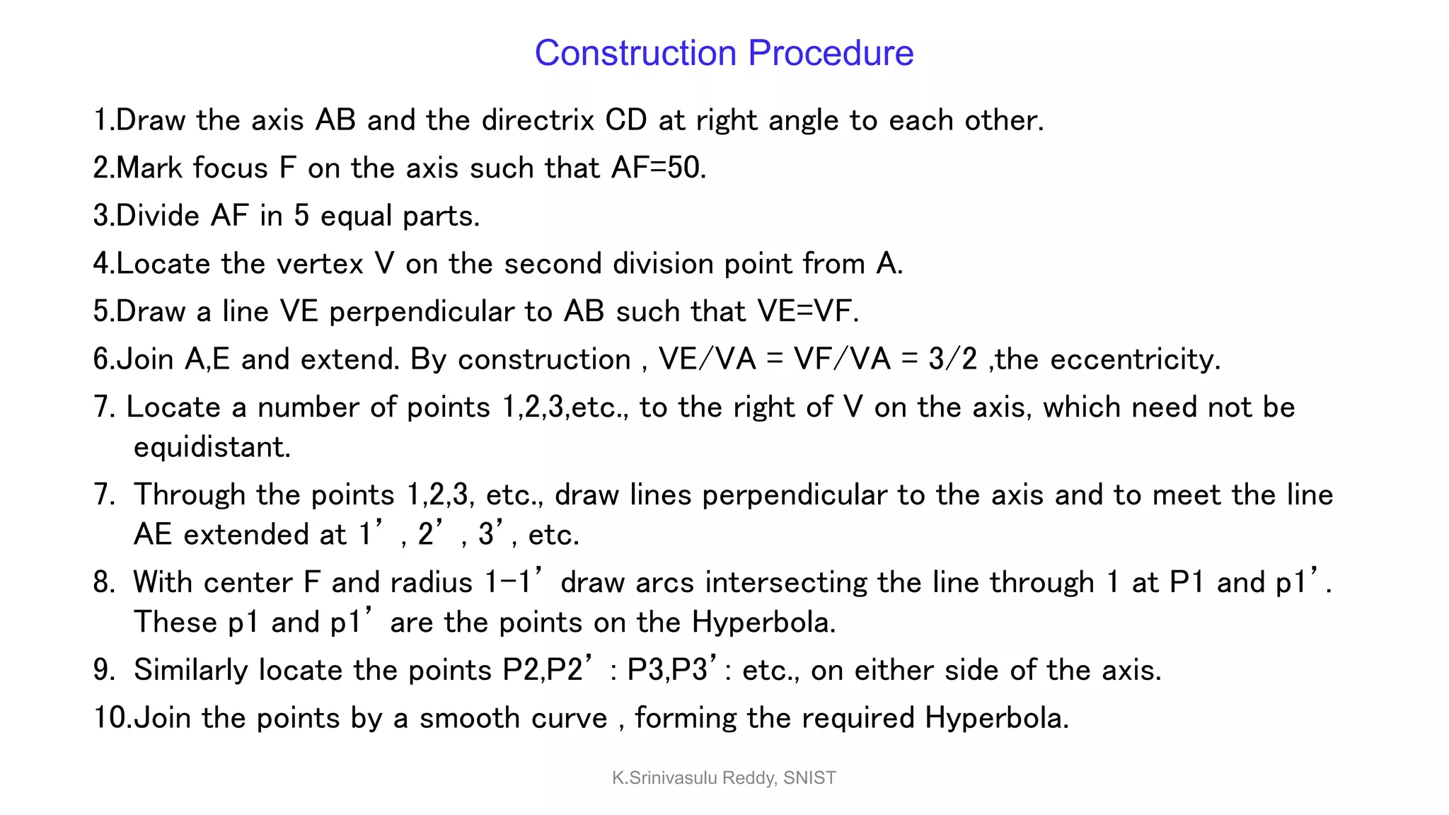 1.Draw the axis AB and the directrix CD at right angle to each other.
2.Mark focus F on the axis such that AF=50.
3.Divide AF in 5 equal parts.
4.Locate the vertex V on the second division point from A.
5.Draw a line VE perpendicular to AB such that VE=VF.
6.Join A,E and extend. By construction , VE/VA = VF/VA = 3/2 ,the eccentricity.
7. Locate a number of points 1,2,3,etc., to the right of V on the axis, which need not be
equidistant.
7. Through the points 1,2,3, etc., draw lines perpendicular to the axis and to meet the line
AE extended at 1’ , 2’ , 3’, etc.
8. With center F and radius 1-1’ draw arcs intersecting the line through 1 at P1 and p1’.
These p1 and p1’ are the points on the Hyperbola.
9. Similarly locate the points P2,P2’ : P3,P3’: etc., on either side of the axis.
10.Join the points by a smooth curve , forming the required Hyperbola.
Construction Procedure
K.Srinivasulu Reddy, SNIST
 