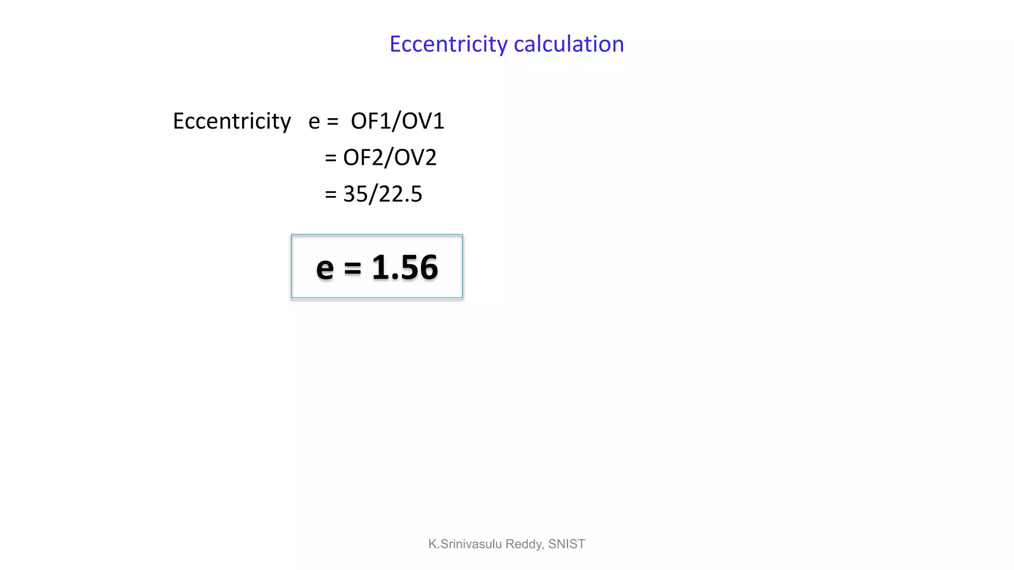 Eccentricity calculation
Eccentricity e = OF1/OV1
= OF2/OV2
= 35/22.5
e = 1.56
K.Srinivasulu Reddy, SNIST
 