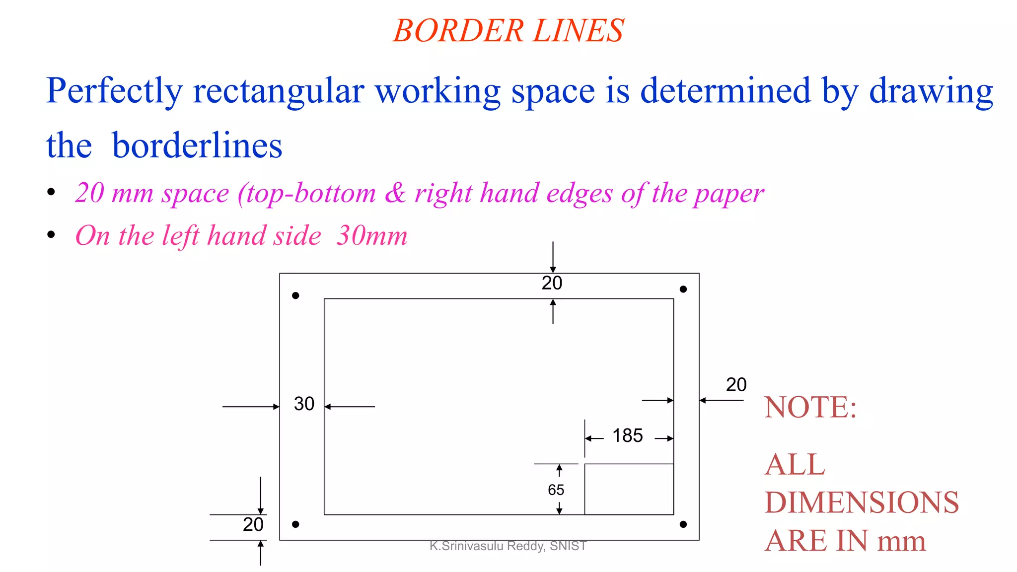 BORDER LINES
Perfectly rectangular working space is determined by drawing
the borderlines
• 20 mm space (top-bottom & right hand edges of the paper
• On the left hand side 30mm
20
20
30
20
185
65
NOTE:
ALL
DIMENSIONS
ARE IN mmK.Srinivasulu Reddy, SNIST
 
