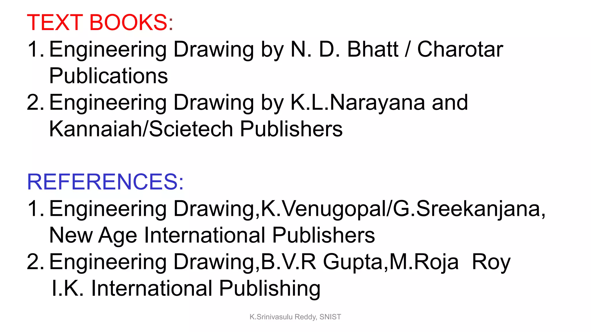 TEXT BOOKS:
1. Engineering Drawing by N. D. Bhatt / Charotar
Publications
2. Engineering Drawing by K.L.Narayana and
Kannaiah/Scietech Publishers
REFERENCES:
1. Engineering Drawing,K.Venugopal/G.Sreekanjana,
New Age International Publishers
2. Engineering Drawing,B.V.R Gupta,M.Roja Roy
I.K. International Publishing
K.Srinivasulu Reddy, SNIST
 
