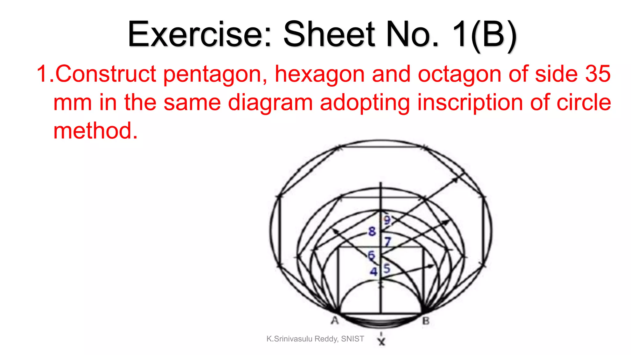 1.Construct pentagon, hexagon and octagon of side 35
mm in the same diagram adopting inscription of circle
method.
Exercise: Sheet No. 1(B)
K.Srinivasulu Reddy, SNIST
 