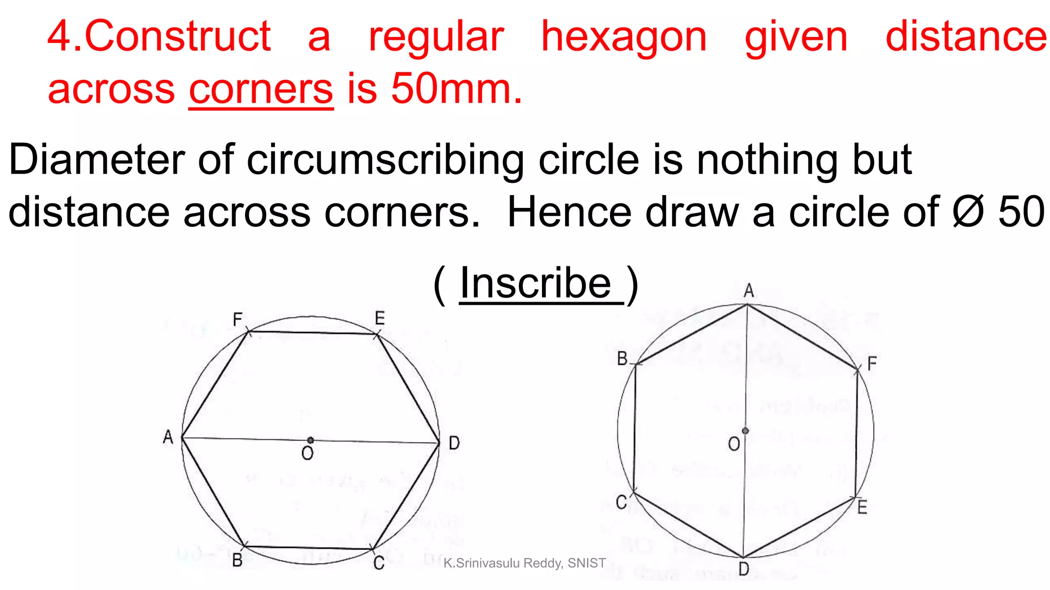 4.Construct a regular hexagon given distance
across corners is 50mm.
Diameter of circumscribing circle is nothing but
distance across corners. Hence draw a circle of Ø 50
( Inscribe )
K.Srinivasulu Reddy, SNIST
 