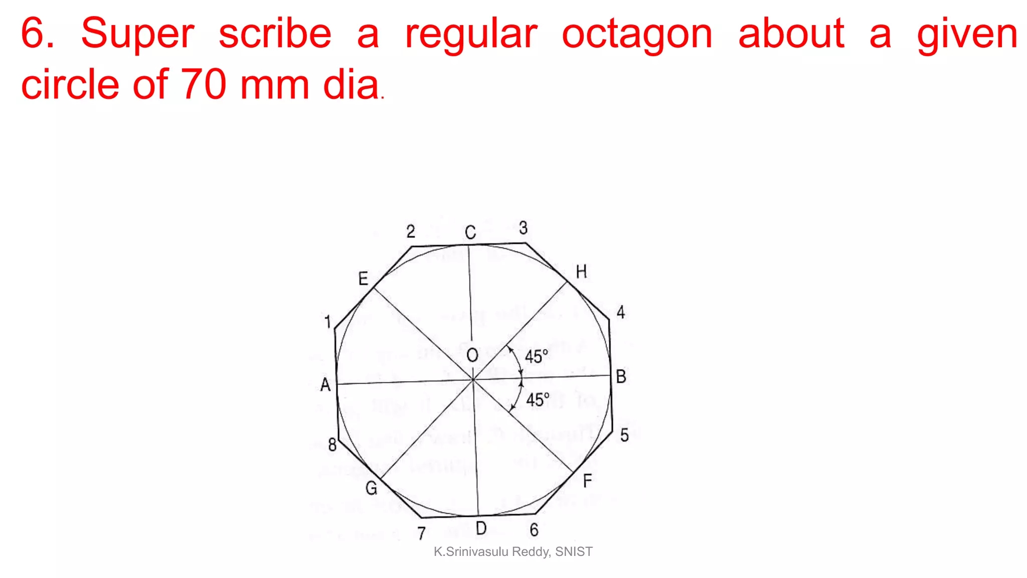 6. Super scribe a regular octagon about a given
circle of 70 mm dia.
K.Srinivasulu Reddy, SNIST
 