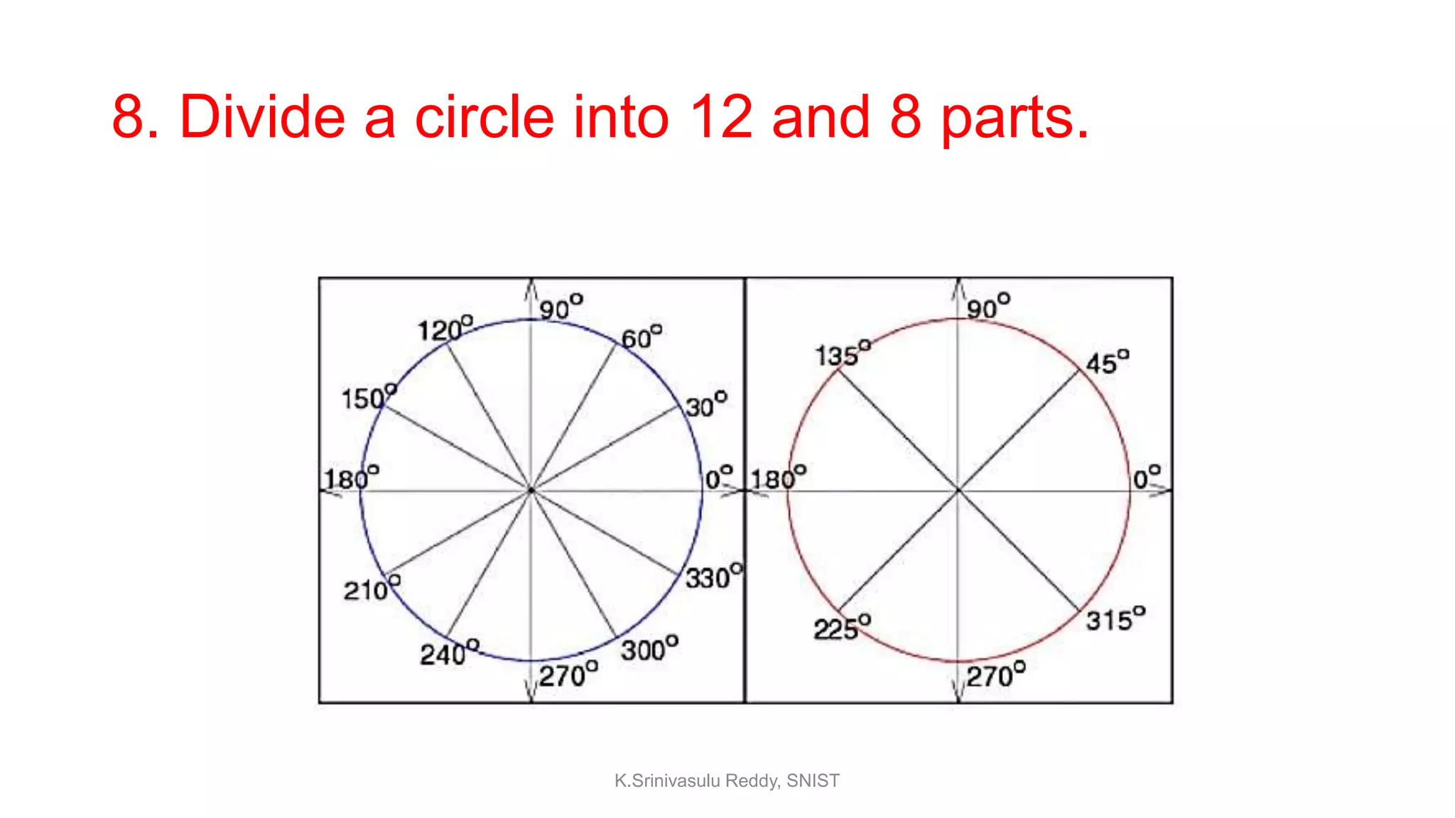 8. Divide a circle into 12 and 8 parts.
K.Srinivasulu Reddy, SNIST
 
