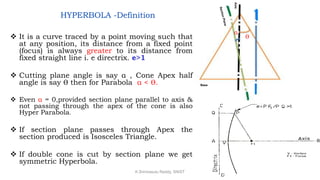 HYPERBOLA -Definition
 It is a curve traced by a point moving such that
at any position, its distance from a fixed point
(focus) is always greater to its distance from
fixed straight line i. e directrix. e>1
 Cutting plane angle is say α , Cone Apex half
angle is say Ѳ then for Parabola α < Ѳ.
 Even α = 0,provided section plane parallel to axis &
not passing through the apex of the cone is also
Hyper Parabola.
 If section plane passes through Apex the
section produced is Isosceles Triangle.
 If double cone is cut by section plane we get
symmetric Hyperbola.
Axis
Base
Ѳ
α
K.Srinivasulu Reddy, SNIST
 