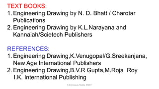 TEXT BOOKS:
1. Engineering Drawing by N. D. Bhatt / Charotar
Publications
2. Engineering Drawing by K.L.Narayana and
Kannaiah/Scietech Publishers
REFERENCES:
1. Engineering Drawing,K.Venugopal/G.Sreekanjana,
New Age International Publishers
2. Engineering Drawing,B.V.R Gupta,M.Roja Roy
I.K. International Publishing
K.Srinivasulu Reddy, SNIST
 