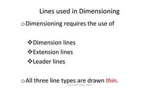 Lines used in Dimensioning
oDimensioning requires the use of
Dimension lines
Extension lines
Leader lines
oAll three line types are drawn thin.K.Srinivasulu Reddy, SNIST
 