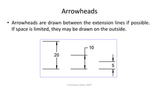 Arrowheads
• Arrowheads are drawn between the extension lines if possible.
If space is limited, they may be drawn on the outside.
K.Srinivasulu Reddy, SNIST
 