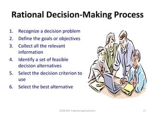 17
Rational Decision-Making Process
1. Recognize a decision problem
2. Define the goals or objectives
3. Collect all the relevant
information
4. Identify a set of feasible
decision alternatives
5. Select the decision criterion to
use
6. Select the best alternative
ECON 401: Engineering Economics
 