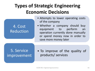Types of Strategic Engineering
Economic Decisions
• Attempts to lower operating costs
of the company
• Whether a company should buy
equipment to perform an
operation currently done manually
or spend money now in order to
save more money later
4. Cost
Reduction
• To improve of the quality of
products/ services
5. Service
improvement
42ECON 401: Engineering Economics
 