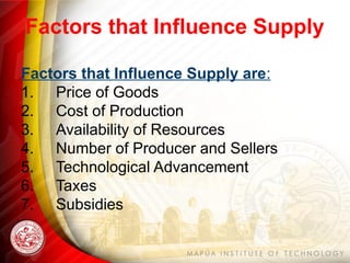 Factors that Influence Supply
Factors that Influence Supply are:
1. Price of Goods
2. Cost of Production
3. Availability of Resources
4. Number of Producer and Sellers
5. Technological Advancement
6. Taxes
7. Subsidies
 