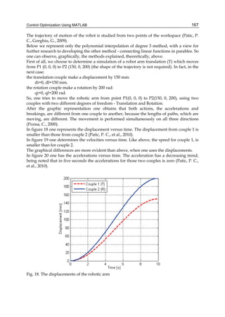 Control Optimization Using MATLAB 167
The trajectory of motion of the robot is studied from two points of the workspace (Patic, P.
C., Gorghiu, G., 2009).
Below we represent only the polynomial interpolation of degree 3 method, with a view for
further research to developing the other method - connecting linear functions in parables. So
one can observe, graphically, the methods explained, theoretically, above.
First of all, we choose to determine a simulation of a robot arm translation (T) which moves
from P1 (0, 0, 0) to P2 (150, 0, 200) (the shape of the trajectory is not required). In fact, in the
next case:
the translation couple make a displacement by 150 mm:
di=0, df=150 mm.
the rotation couple make a rotation by 200 rad:
qi=0, qf=200 rad.
So, one tries to move the robotic arm from point P1(0, 0, 0) to P2(150, 0, 200), using two
couples with two different degrees of freedom - Translation and Rotation.
After the graphic representation one obtains that both actions, the accelerations and
breakings, are different from one couple to another, because the lengths of paths, which are
moving, are different. The movement is performed simultaneously on all three directions
(Pozna, C., 2000).
In figure 18 one represents the displacement versus time. The displacement from couple 1 is
smaller than those from couple 2 (Patic, P. C., et al., 2010).
In figure 19 one determines the velocities versus time. Like above, the speed for couple 1, is
smaller than for couple 2.
The graphical differences are more evident than above, when one uses the displacements.
In figure 20 one has the accelerations versus time. The acceleration has a decreasing trend,
being noted that in five seconds the accelerations for those two couples is zero (Patic, P. C.,
et al., 2010).
Fig. 18. The displacements of the robotic arm
 
