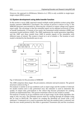 Engineering Education and Research Using MATLAB414
However, the approach in (Wilkinson, Roberts et al. 1991) is only available to single-input
single-output (SISO) systems.
3.2 System development using delta transfer function
In this section a novel AMG approach named multiple model gradation system using delta
transfer operator (MMGSD) is developed. The concept of process is shown in Fig. 4. The
MMGSD generates macromodels by observing the variation in output voltage error against
input range. The advantage is that the estimated signal can be adjusted recursively in time
to handle nonlinearity. It consists of two parts: the automated model estimator (AME) and
automated model predictor (AMP). The AME implements the model generation algorithm,
and the AMP uses these models from AME to predict signals in the simulation with
different types of stimuli. The system is based on a set of models n. The location of each
model is decided by the thresholds seen in u(t).
Output y(t)Input u(t)
1st
model
2nd
model
nth
model
Predicted
signal
AME AMP
.
.
.
Original
signals Input
u(t) or
Other types
of stimuli
Model library
Fig. 4. Schematics for the procedure of MMGSD
The AME comprises three stages: the pre-analysis, estimator and post-analysis. The general
structure is shown in Fig. 5.
Pre-analysis is mainly to set up conditions such as input range and the number of intervals
for model creation and is only performed once; the estimator is used to determine the
quality of output data; post-analysis is the critical step because procedures for creating
models are implemented here. This process terminates when no new model is created.
Pre-analysis is mainly to set up conditions such as input range. In the whole algorithm, this
stage is only run once. The Estimator process starts by running through all samples using
the for loop in MATLAB. The indices for creating the threshold are found with a find
statement. A statement min is used to guarantee that only the smallest index is selected, and
then the new model pointed by this index is generated. Parameters (th) and the covariance
 