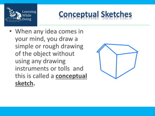 Conceptual Sketches
• When any idea comes in
your mind, you draw a
simple or rough drawing
of the object without
using any drawing
instruments or tolls and
this is called a conceptual
sketch.
 